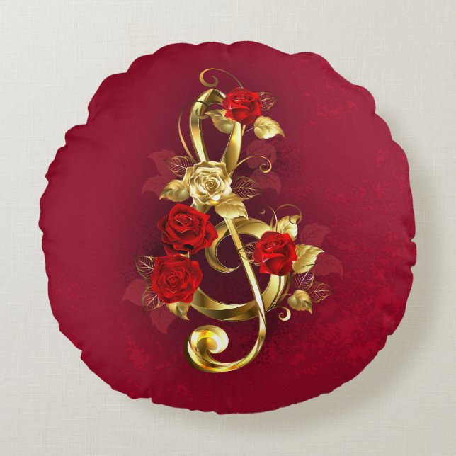 Coussins Ronds Golden Treble Clef avec fleurs Roses (Devant)