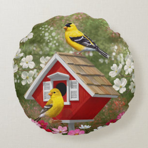 Coussins Ronds Goldfinches et jolie maison d'oiseaux Cottage
