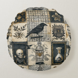 Coussins Ronds Gothique floral crâne et Motif corbeau