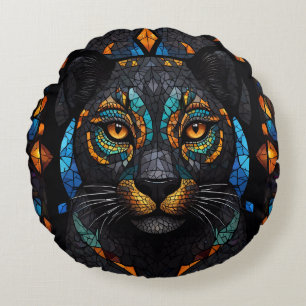 Coussins Ronds Grand Chat noir Mosaïque coloré effet de verre