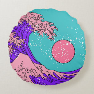 Coussins Ronds Grande vague dans le style Vaporwave Pop Art. Affi