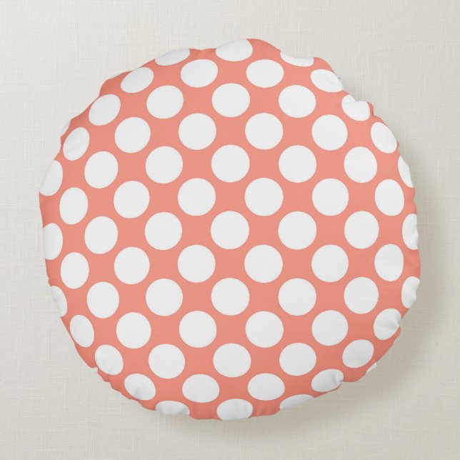 Coussins Ronds Grands points rétro - blanc et corail rose (Dos)