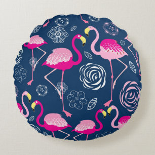 Coussins Ronds Graphic pattern of pink flamingos on a dark blue b