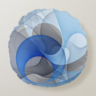 Coussins Ronds Graphique d'art fractal gris bleu Abstrait moderne