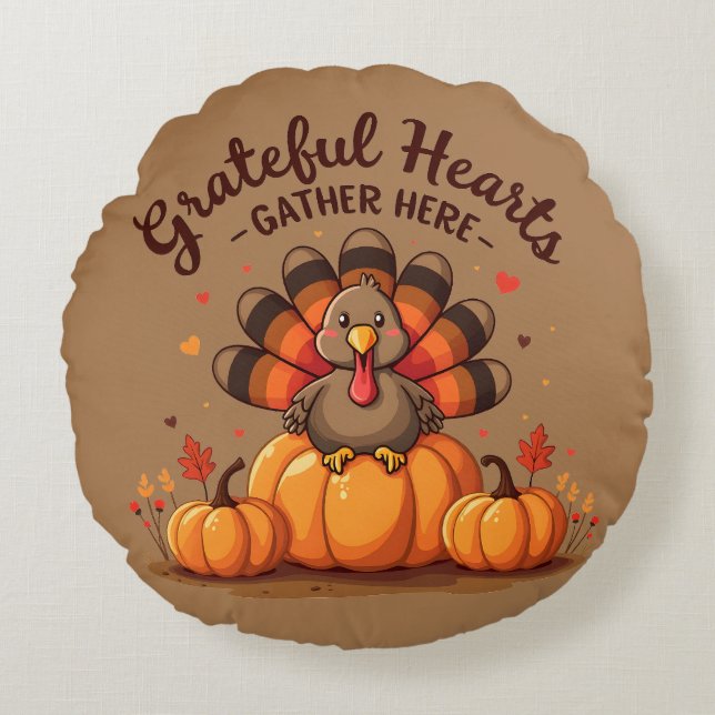 Coussins Ronds Grateful Hearts Thanksgiving Turkey (Devant)