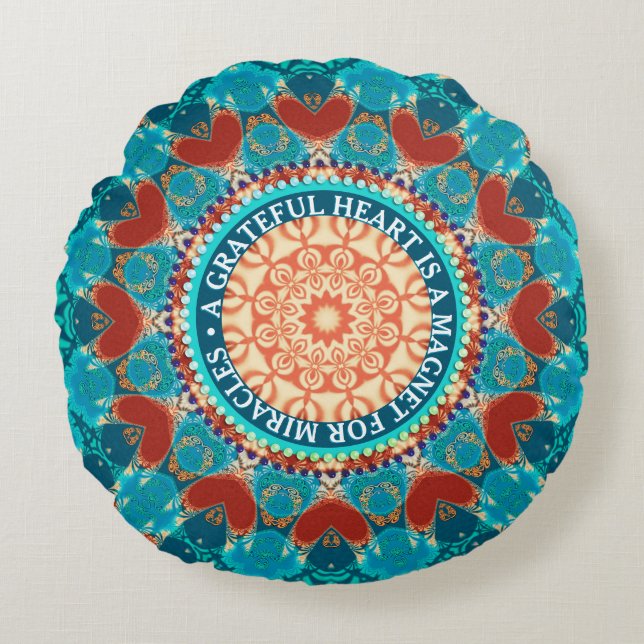 Coussins Ronds Gratitude Aqua Turquoise Mandala Devis personnalis (Devant)