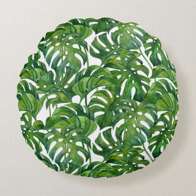Coussins Ronds Green Monstera Feuilles Tropical sans couture (Devant)