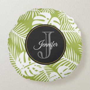 Coussins Ronds Green Palm Feuille Rainforest Motif Monogram