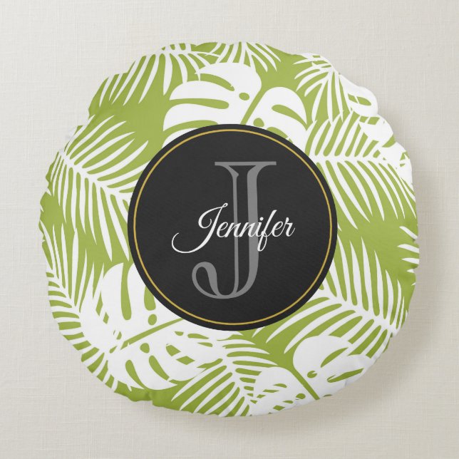 Coussins Ronds Green Palm Feuille Rainforest Motif Monogram (Devant)