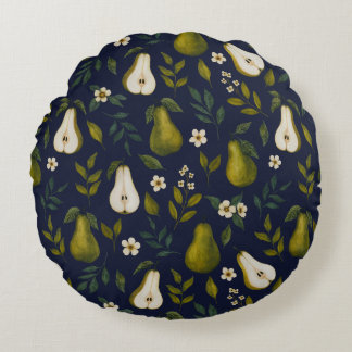 Coussins Ronds Green Pear Watercolor Pattern on Dark Blue 