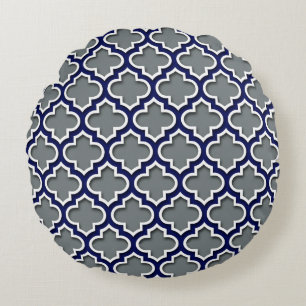 Coussins Ronds Gris Charbon Navy Blanc Quatrefeuille Marocain #5D