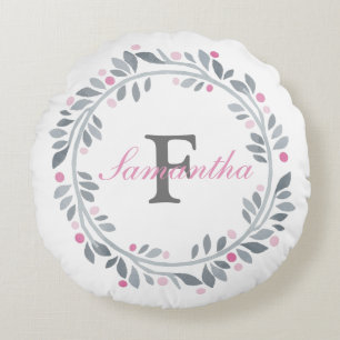 Coussins Ronds Gris Fleurs Rose Double Monogramme Élégant 