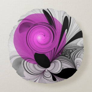 Coussins Ronds Gris Noir Abstrait Avec Art Fractal Magenta