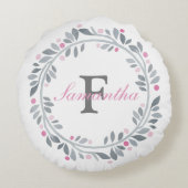 Coussins Ronds Gris Rose Floral Double Monogram Élégant  (Dos)