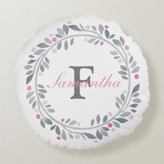 Coussins Ronds Gris Rose Floral Double Monogramme Élégant  (Dos)