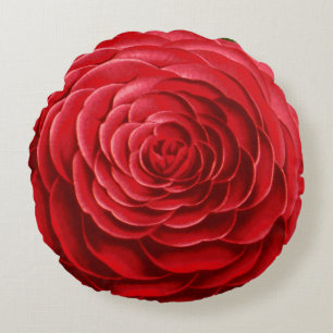 Coussins Ronds Grosse floraison de Camellia, tons rouge profond