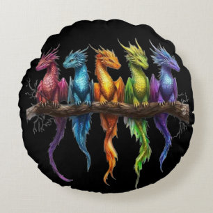 Coussins Ronds Groupe Arc-en-ciel de bébés dragons sur fond noir