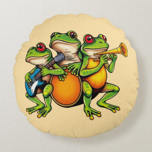Coussins Ronds Groupe familial de grenouilles jouant de la guitar