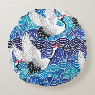 Coussins Ronds Grue japonaise : Motif orné d'oiseaux.