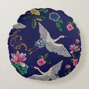 Coussins Ronds Grues japonaises, vagues et fleurs. Broderie