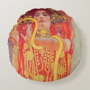 Coussins Ronds Gustav Klimt Femme Rouge Peinture Serpent Or