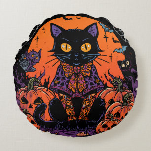 Coussins Ronds Halloween,Le rôdeur du champ de citrouilles,Chat n