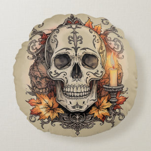 Coussins Ronds Halloween, Motif Crâne, Calavera à la Lumière des