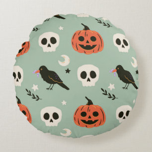 Coussins Ronds Halloween motif sans couture avec corbeaux, crânes