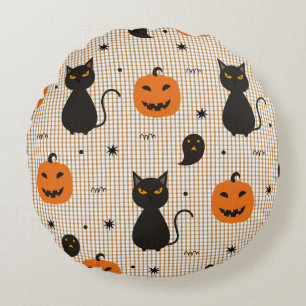 Coussins Ronds Halloween seamless pattern with black cat and ghos