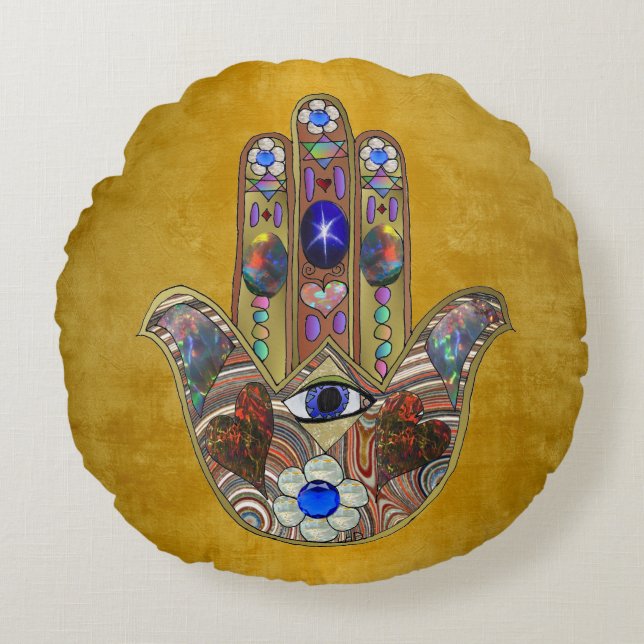 Coussins Ronds Hamsa Coeurs Fleurs Opal Art sur Or (Devant)
