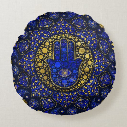 Coussins Ronds Hamsa Main - Main - Fatima Dot Art Lapis Lazuli (Devant)