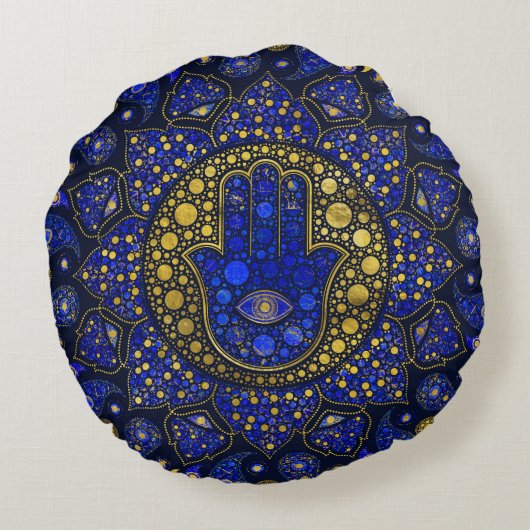 Coussins Ronds Hamsa Main - Main - Fatima Dot Art Lapis Lazuli (Dos)