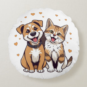 Coussins Ronds Happy Chien et Chat avec Coeurs
