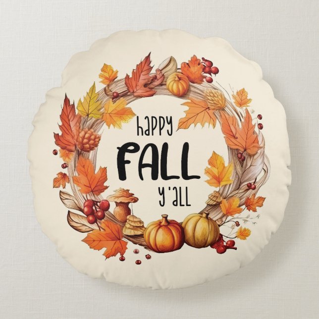 Coussins Ronds Happy Fall Y'all - Citrouille & Autumn Leaves Wrea (Devant)