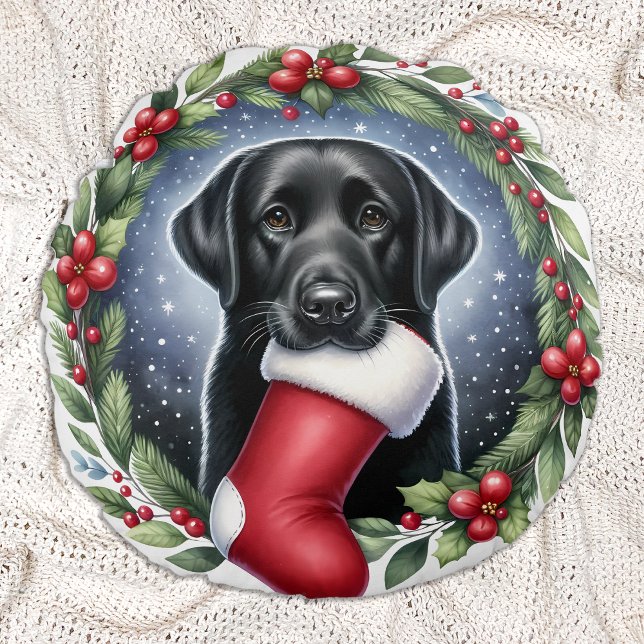 Coussins Ronds Happy Labrador Retriever Christmas Wreath Dog (Créateur téléchargé)