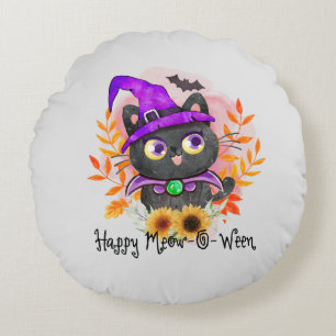 Coussins Ronds Happy Meow-o-ween -Chat Sorcière Noire