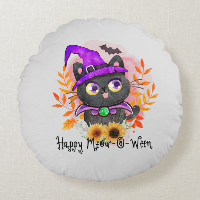 Coussins Ronds Happy Meow-o-ween -Chat Sorcière Noire (Devant)