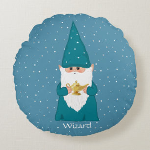 Coussins Ronds Happy Wizard Gnome & Lampe Magique sur Bleu Saphir