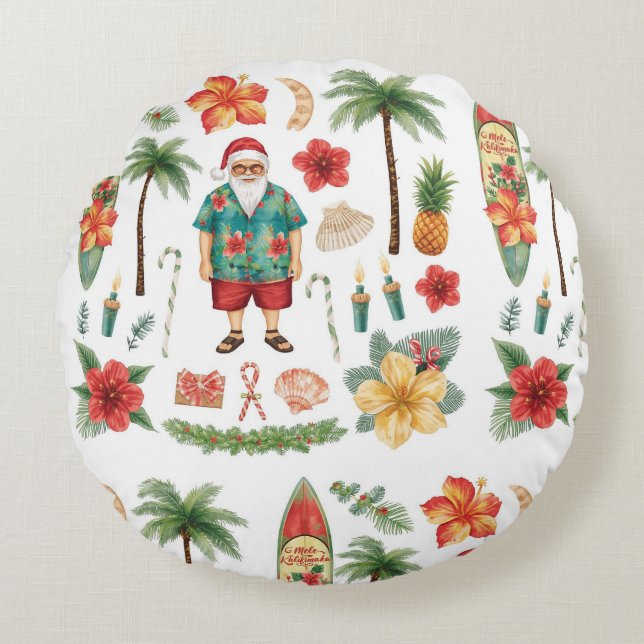 Coussins Ronds Hawaii Christmas themed with Santa Claus (Devant)