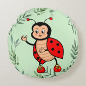 Coussins Ronds Heureux Ladybug et Feuilles Plantes sur Light Gree (Devant)