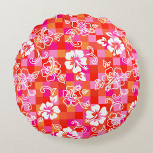 Coussins Ronds Hibiscus à carreaux floral hawaïen