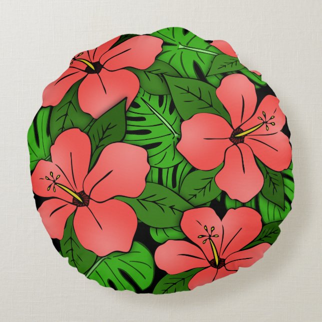 Coussins Ronds Hibiscus pêche & Monstera (Dos)