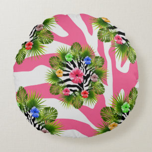 Coussins Ronds Hibiscus tropical et rayures exotiques de zèbre ro