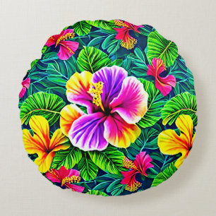 Coussins Ronds Hibiscus Tropical Flower Jungle Leaf