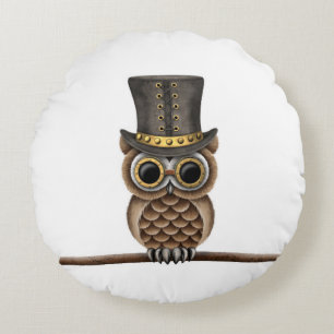 Coussins Ronds Hibou mignon de Steampunk sur une branche sur le