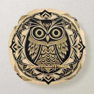 Coussins Ronds Hibou Ornemental Doré avec Dessin Décoratif