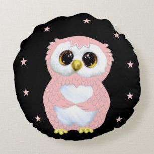 Coussins Ronds Hibou rose et étoiles sur fond noir