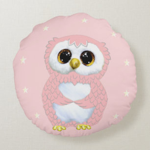Coussins Ronds Hibou rose et étoiles sur fond rose clair