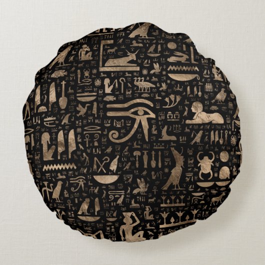 Coussins Ronds Hiéroglyphes égyptiens anciens - Noir et or (Dos)
