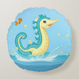 Coussins Ronds Hippocampe de dessin animé joueur dans l'eau bleue